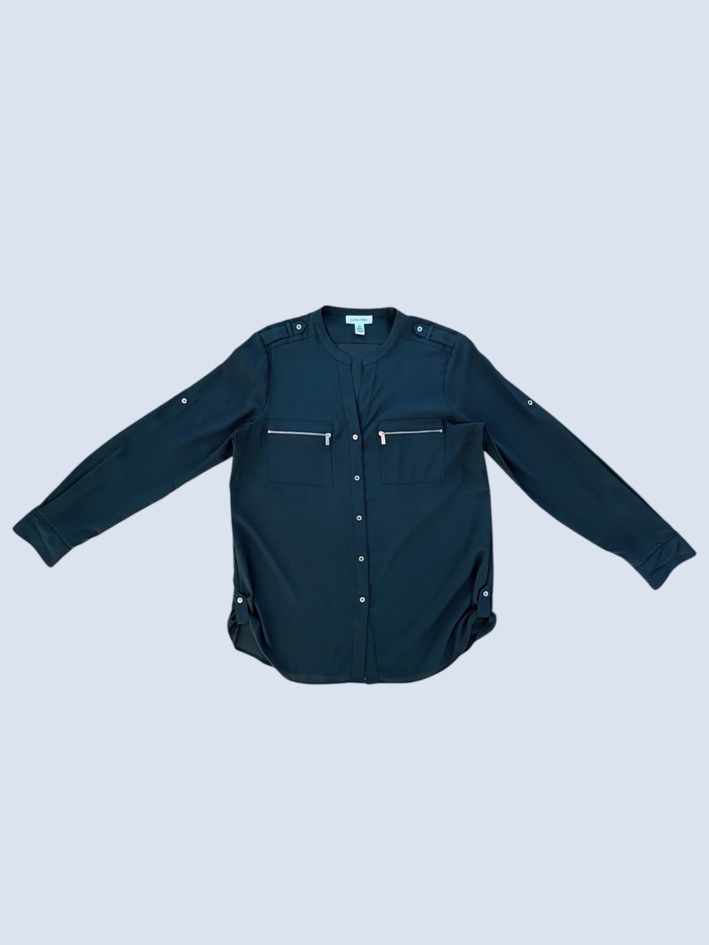 Calvin Klein Dark Teal Utility Roll-Tab Long Sleeve Button Front Blouse ~ L